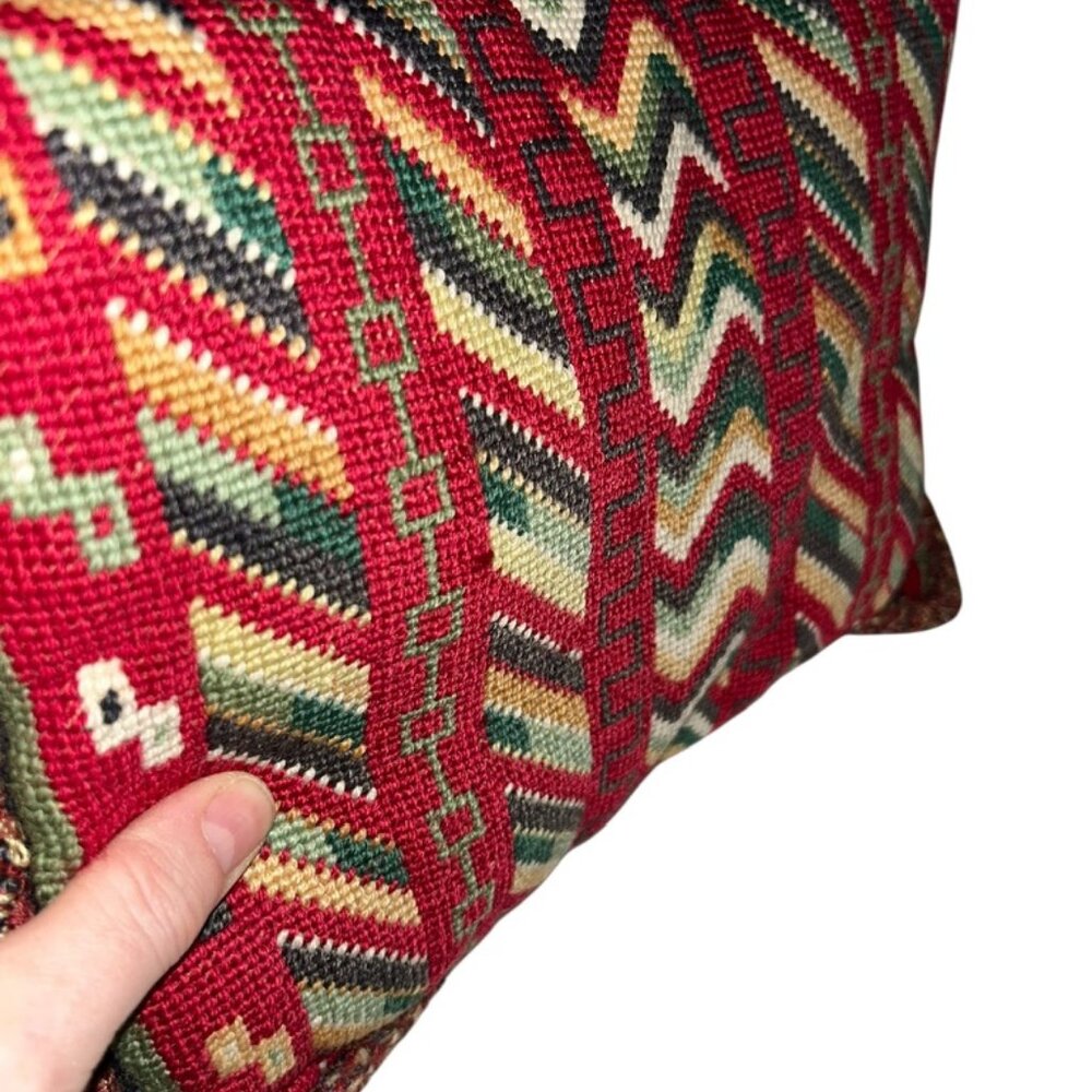 Antique NEEDLEPOINT red chevron aztec camel kahki velvet small rectangle pillow - Picture 2 of 4